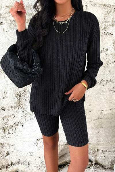 Ribbed Round Neck Dropped Shoulder Top and Shorts Set - Trendsi - Flyclothing LLC