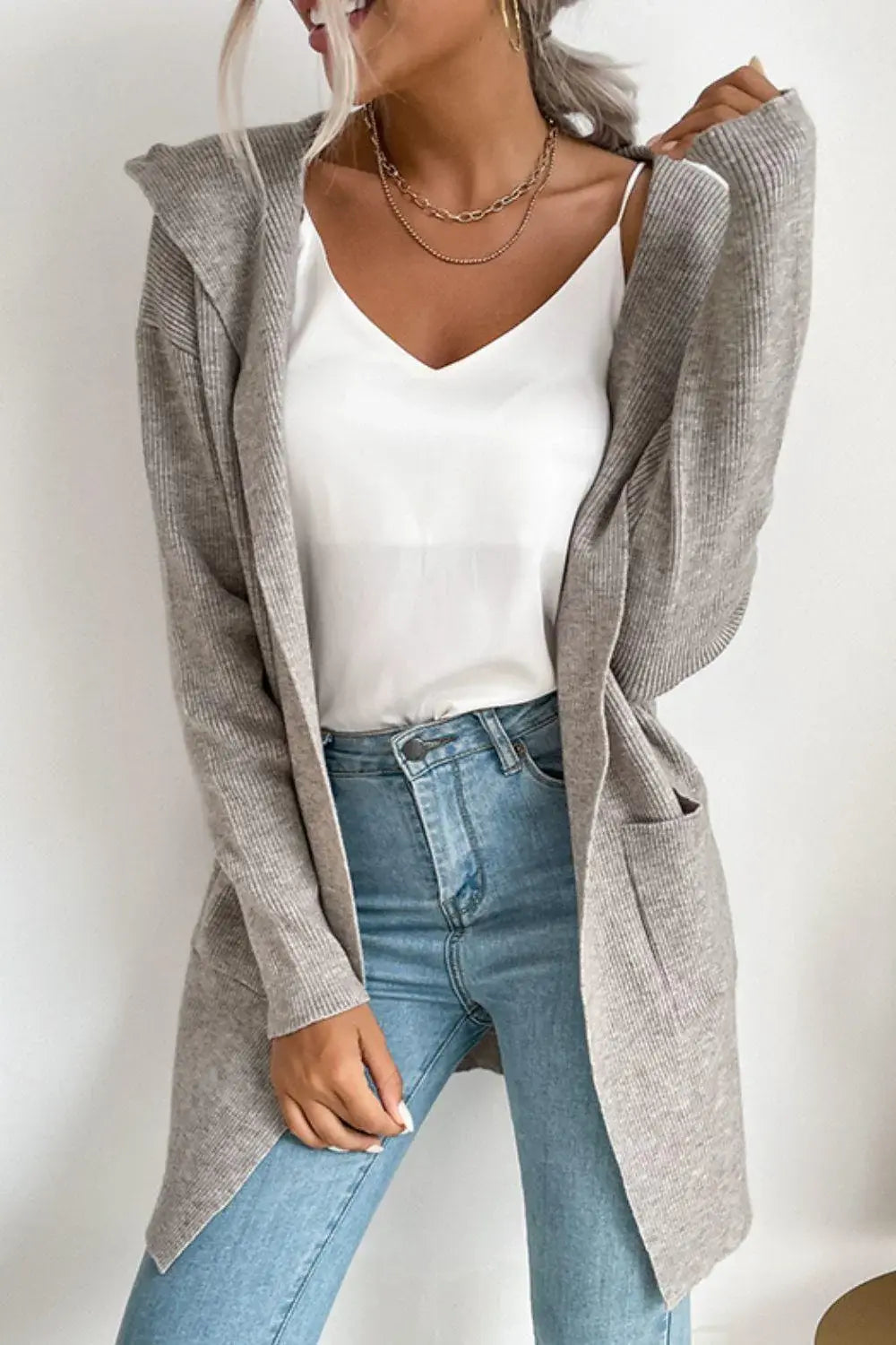 Ribbed Open Front Hooded Cardigan with Pockets - Trendsi - Flyclothing LLC