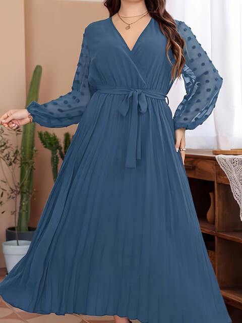 Plus Size Swiss Dot Tie Waist Maxi Dress - Trendsi