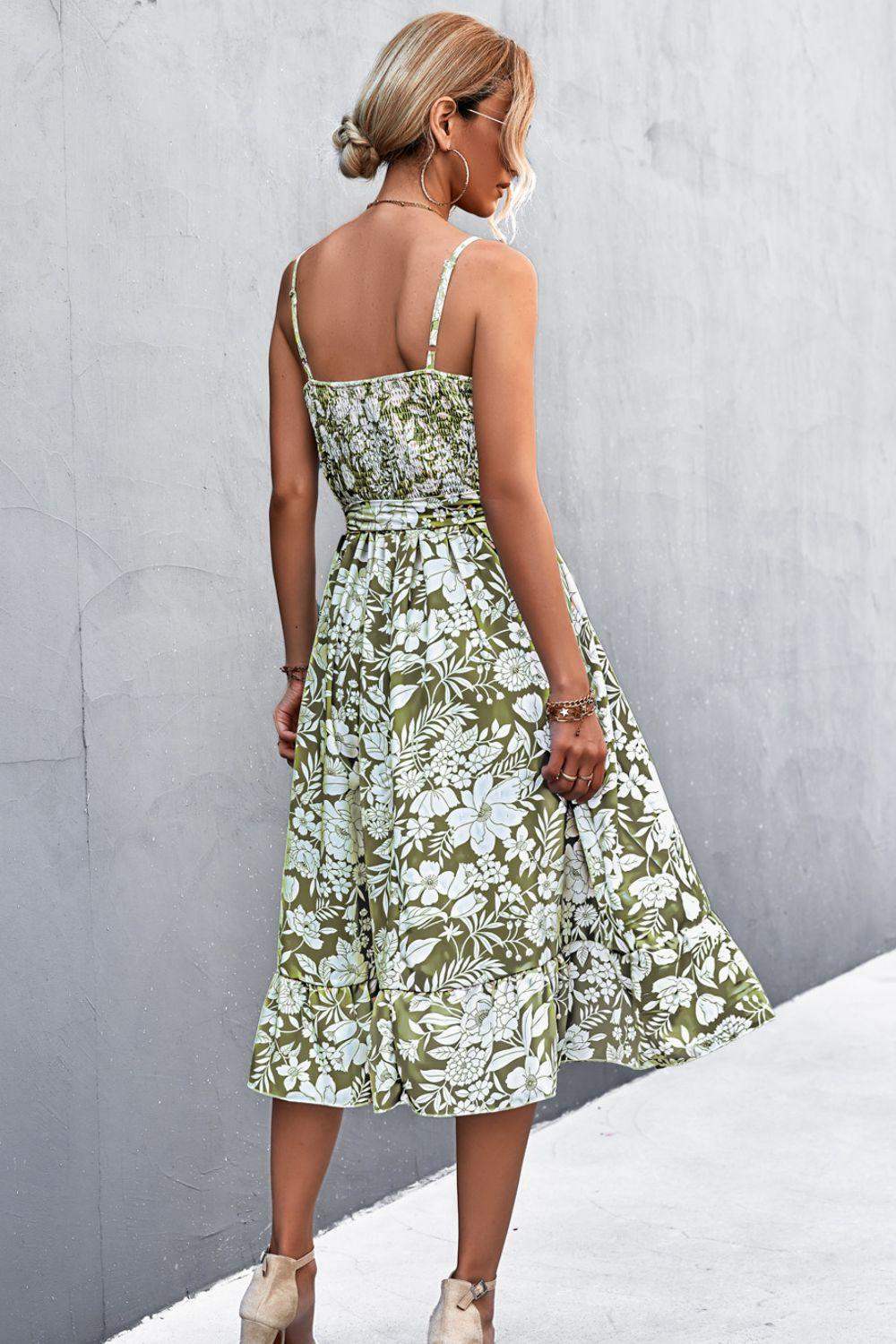 Floral Frill Trim Scoop Neck Spaghetti Strap Dress - Trendsi - Flyclothing LLC