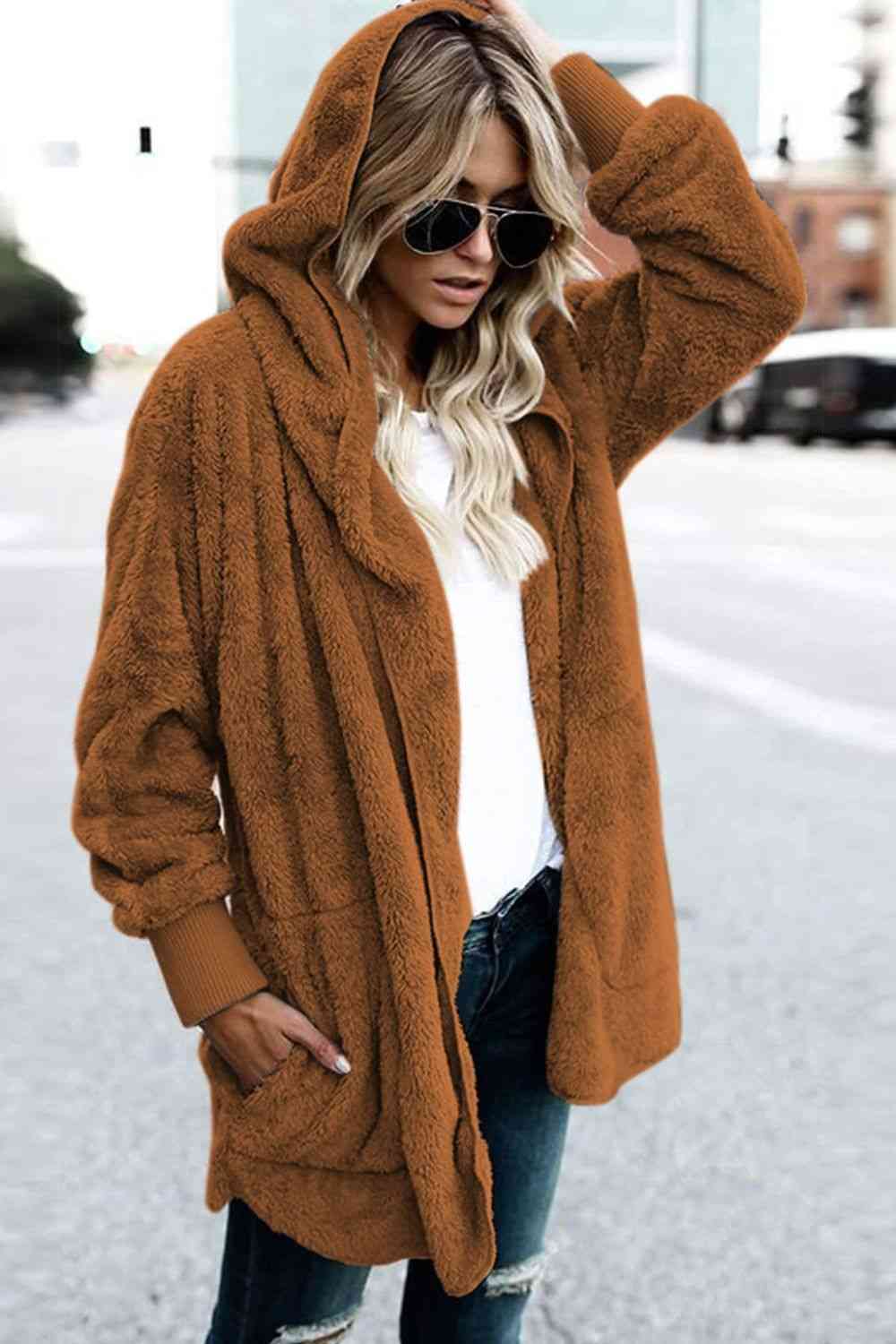 Teddy Hooded Jacket with Pockets - Trendsi - Flyclothing LLC