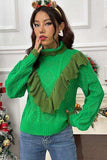 Cable-Knit Ruffled Mock Neck Lantern Sleeve Sweater - Trendsi - Flyclothing LLC
