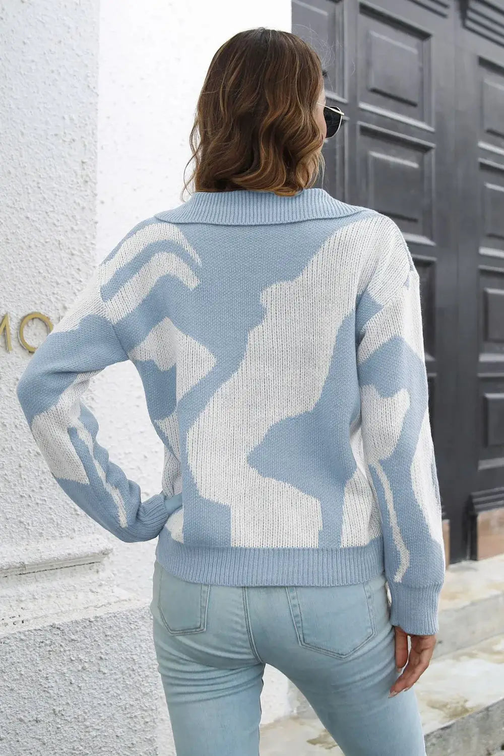 Two-Tone Johnny Collar Dropped Shoulder Pullover Sweater - Trendsi - Flyclothing LLC