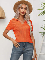Cable-Knit Johnny Collar Short Sleeve Knit Top - Trendsi - Flyclothing LLC