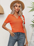 Cable-Knit Johnny Collar Short Sleeve Knit Top - Trendsi - Flyclothing LLC