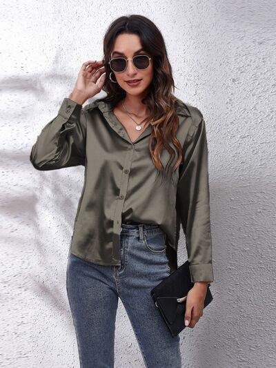 Button Up Collared Neck Long Sleeve Shirt - Trendsi