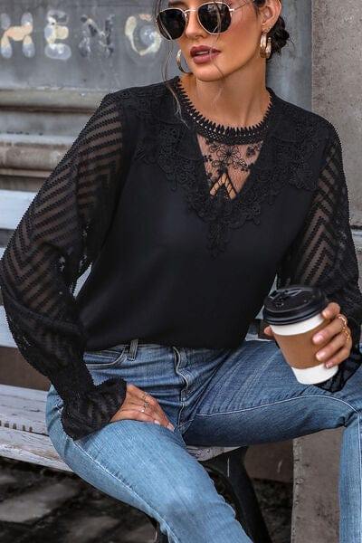 Lace Detail Smocked Flounce Sleeve Blouse - Trendsi
