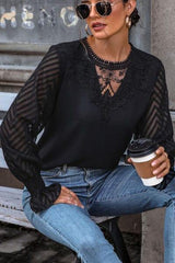 Lace Detail Smocked Flounce Sleeve Blouse - Trendsi