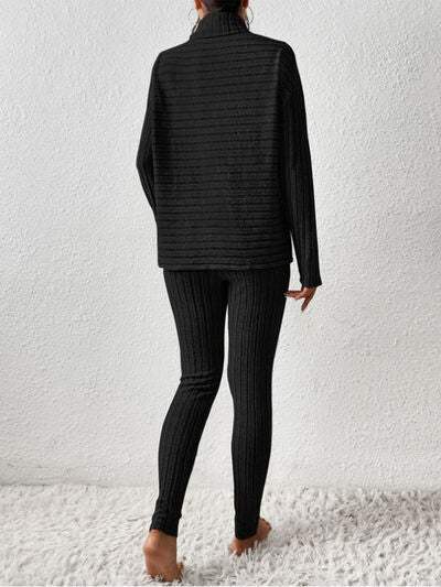 Ribbed Turtleneck Top and Pants Set - Trendsi - Flyclothing LLC
