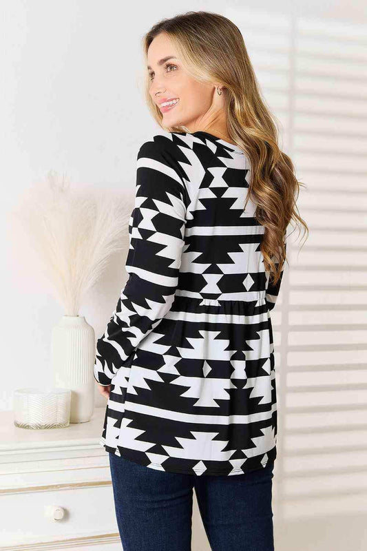 Heimish Full Size Geometric Notched Neck Long Sleeve Top - Trendsi - Flyclothing LLC