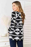 Heimish Full Size Geometric Notched Neck Long Sleeve Top - Trendsi
