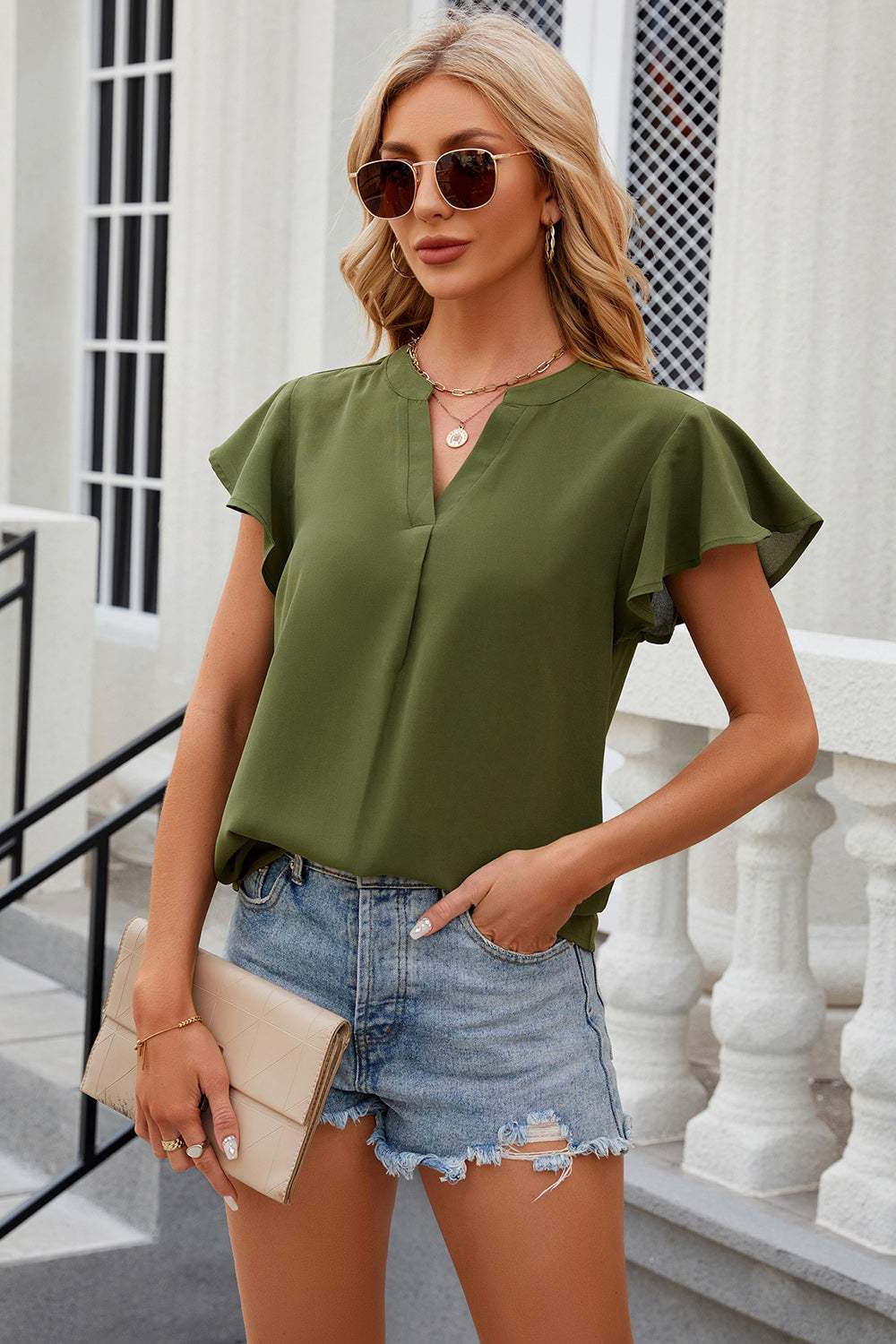 Notched Cap Sleeve T-Shirt - Trendsi - Flyclothing LLC