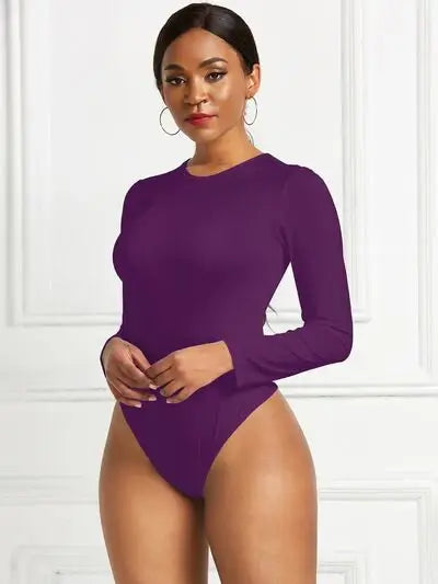 Round Neck Long Sleeve Bodysuit - Trendsi - Flyclothing LLC