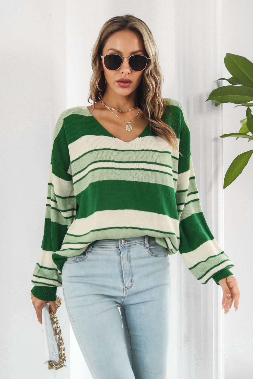 Striped V-Neck Dropped Shoulder Sweater - Flyclothing LLC