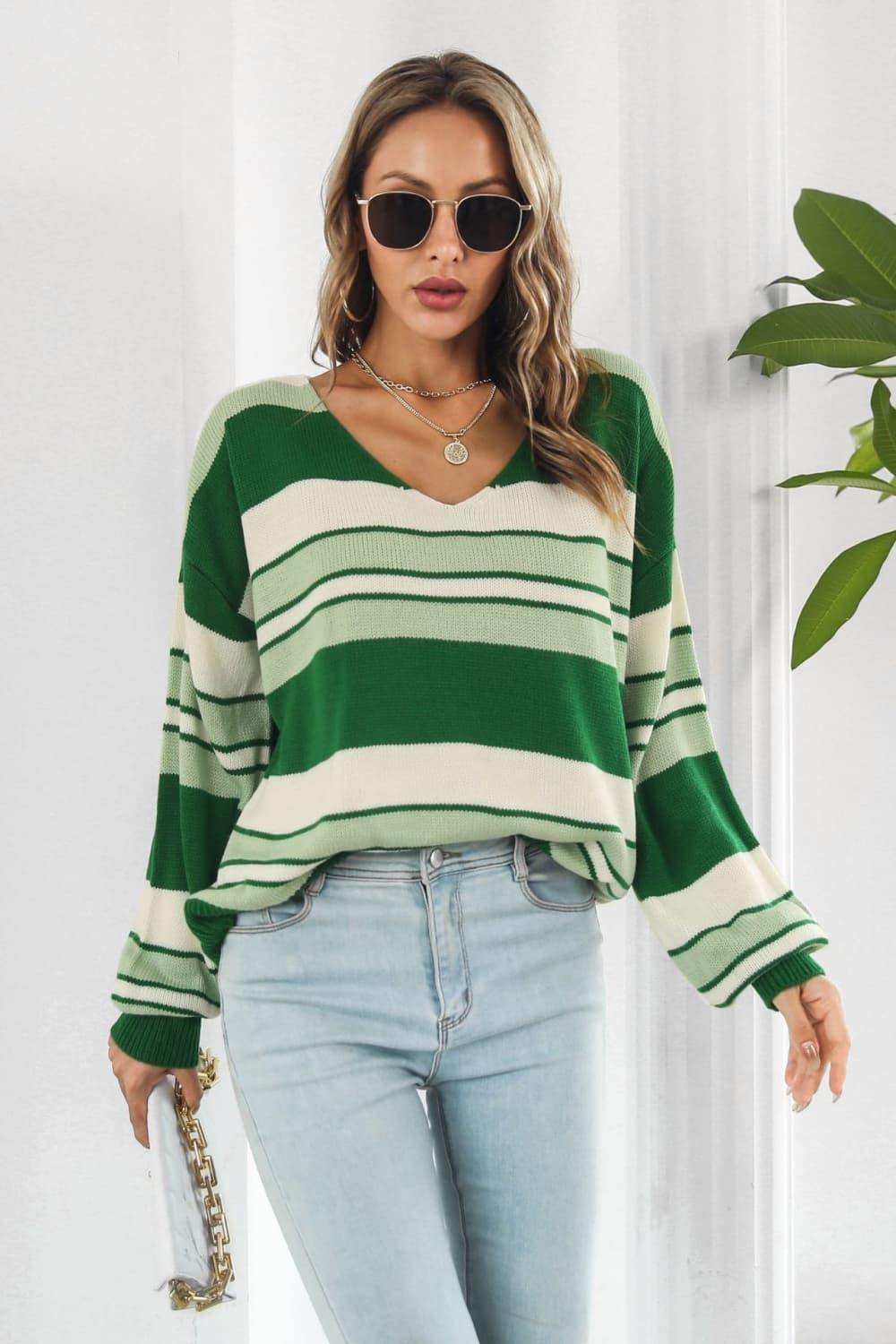 Striped V-Neck Dropped Shoulder Sweater - Trendsi - Flyclothing LLC