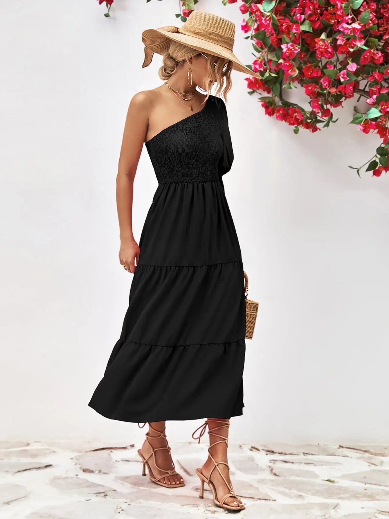 Smocked One-Shoulder Midi Dress - Trendsi - Flyclothing LLC