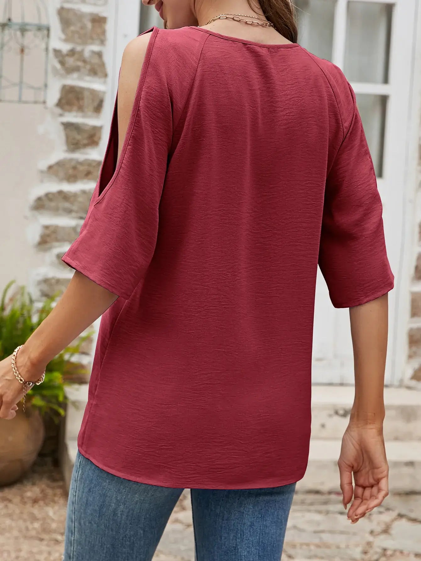 Textured Round Neck Split Sleeve Top - Trendsi - Flyclothing LLC