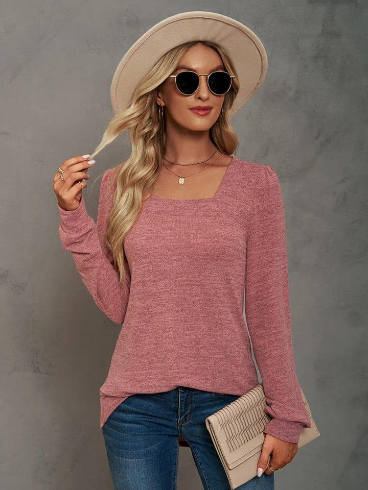 Heathered Square Neck Long Sleeve T-Shirt - Trendsi