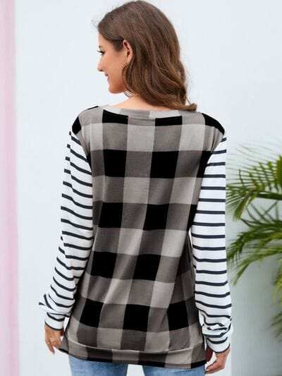 Plaid Striped Round Neck Long Sleeve T-Shirt - Trendsi - Flyclothing LLC