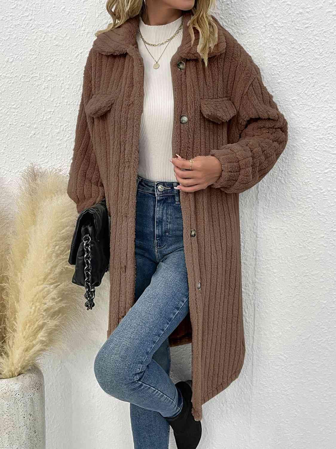 Collared Neck Drop Shoulder Coat - Trendsi