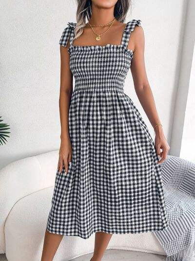 Frill Plaid Square Neck Midi Dress - Trendsi - Flyclothing LLC