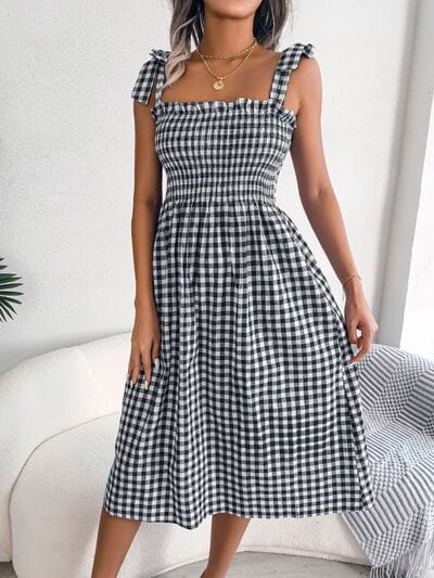 Frill Plaid Square Neck Midi Dress - Trendsi