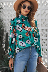 Floral Smocked Mock Neck Flounce Sleeve Blouse - Trendsi