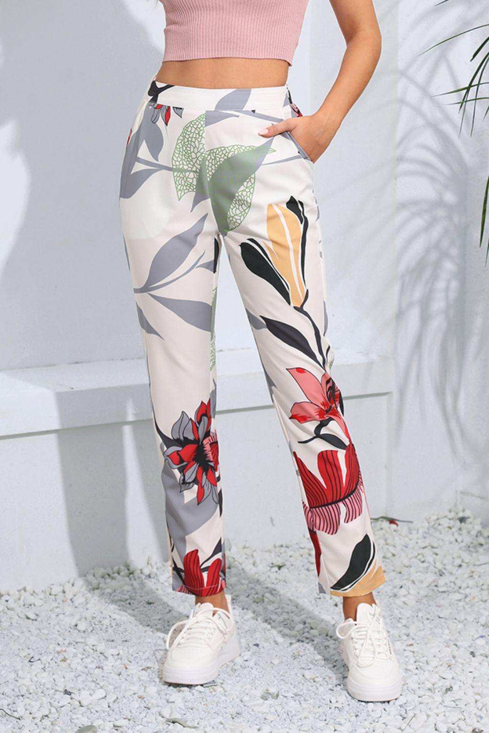 Floral Print Cropped Pants with Pockets - Trendsi - Flyclothing LLC