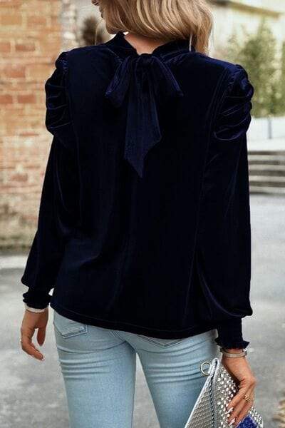 Tie Up Mock Neck Velvet Fabric Long Sleeve Blouse - Trendsi - Flyclothing LLC