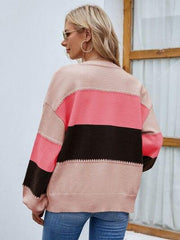 Color Block Button Up Lantern Sleeve Cardigan - Trendsi