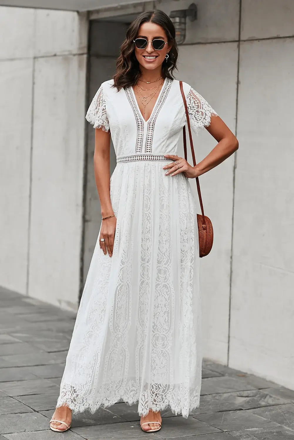 Scalloped Trim Lace Plunge Dress - Trendsi - Flyclothing LLC