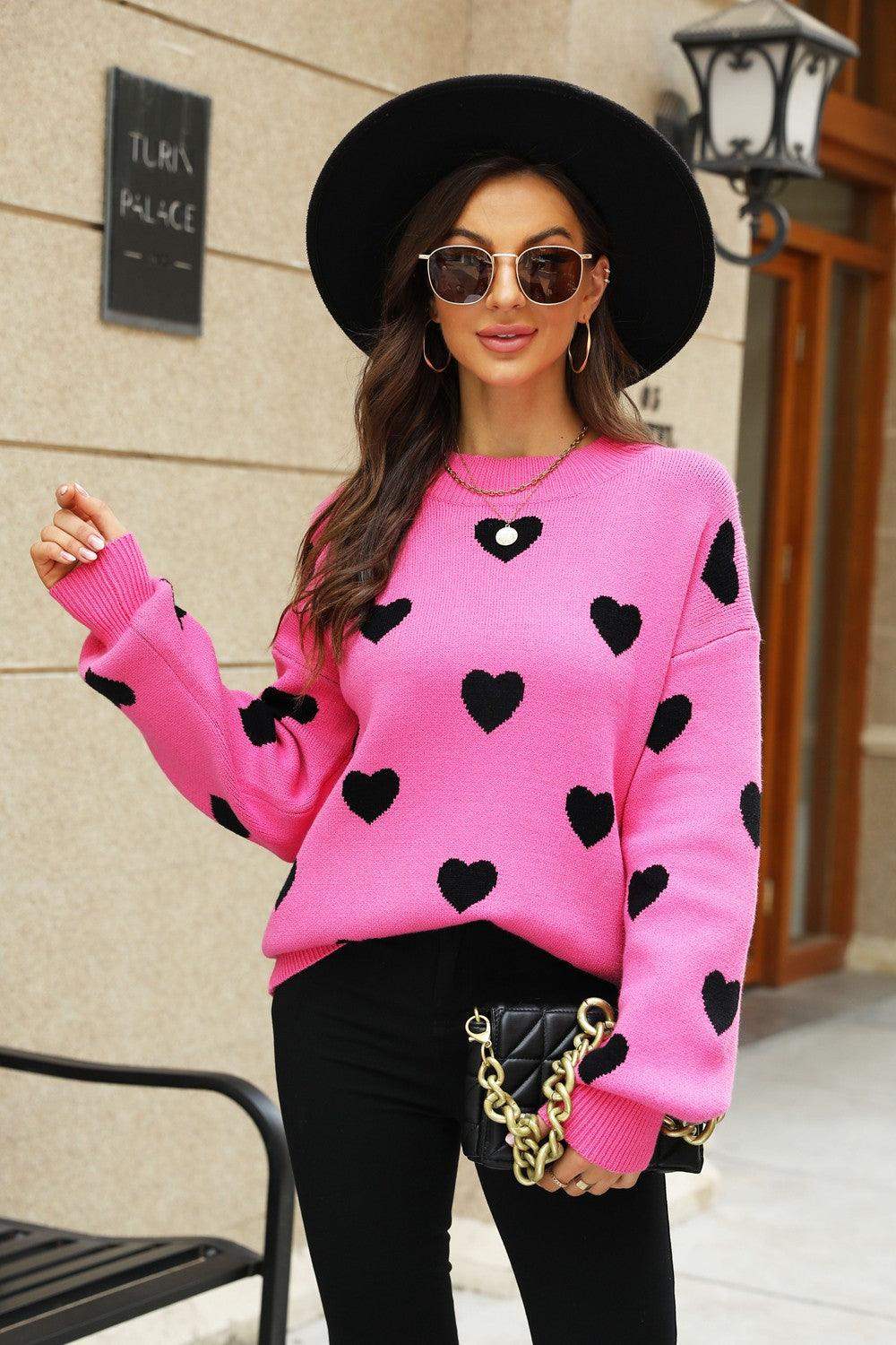 Heart Pattern Lantern Sleeve Round Neck Tunic Sweater - Trendsi - Flyclothing LLC