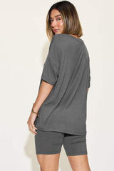 Basic Bae Full Size V-Neck Drop Shoulder Short Sleeve T-Shirt and Shorts Set - Trendsi - Flyclothing LLC