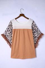 Plus Size Printed Color Block Ruffled Blouse - Trendsi - Flyclothing LLC