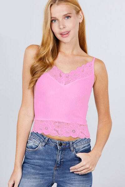 ACTIVE BASIC V-Neck Lace Detail Ribbed Seamless Cami - Trendsi - Flyclothing LLC