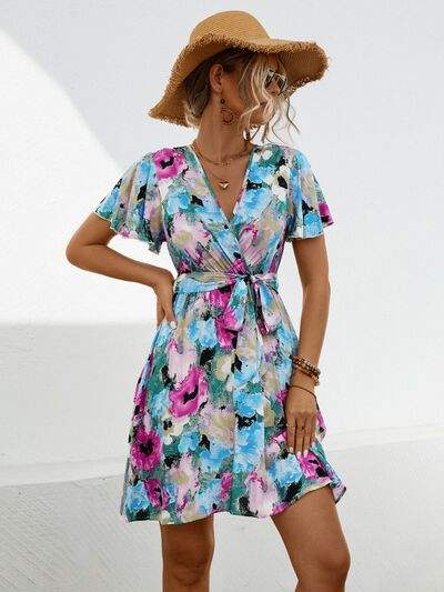 Printed Surplice Tie Waist Mini Dress - Trendsi - Flyclothing LLC