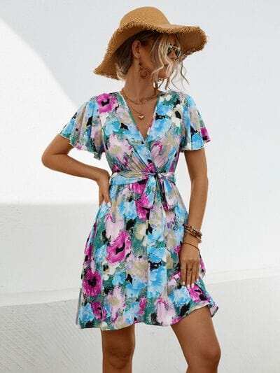 Printed Surplice Tie Waist Mini Dress - Trendsi - Flyclothing LLC