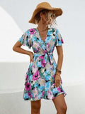 Printed Surplice Tie Waist Mini Dress - Trendsi - Flyclothing LLC