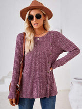 Ribbed Buttoned Round Neck Slit T-Shirt - Trendsi - Flyclothing LLC