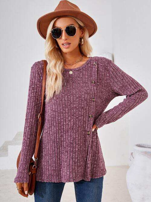 Ribbed Buttoned Round Neck Slit T-Shirt - Trendsi - Flyclothing LLC