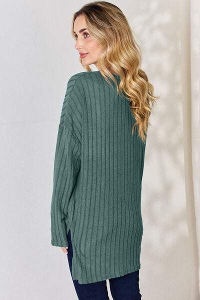 Basic Bae Full Size Ribbed Half Button Long Sleeve High-Low T-Shirt - Trendsi - Flyclothing LLC