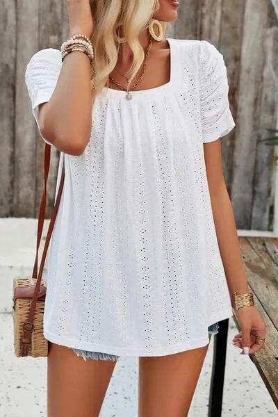 Eyelet Square Neck Puff Sleeve T-Shirt - Trendsi - Flyclothing LLC