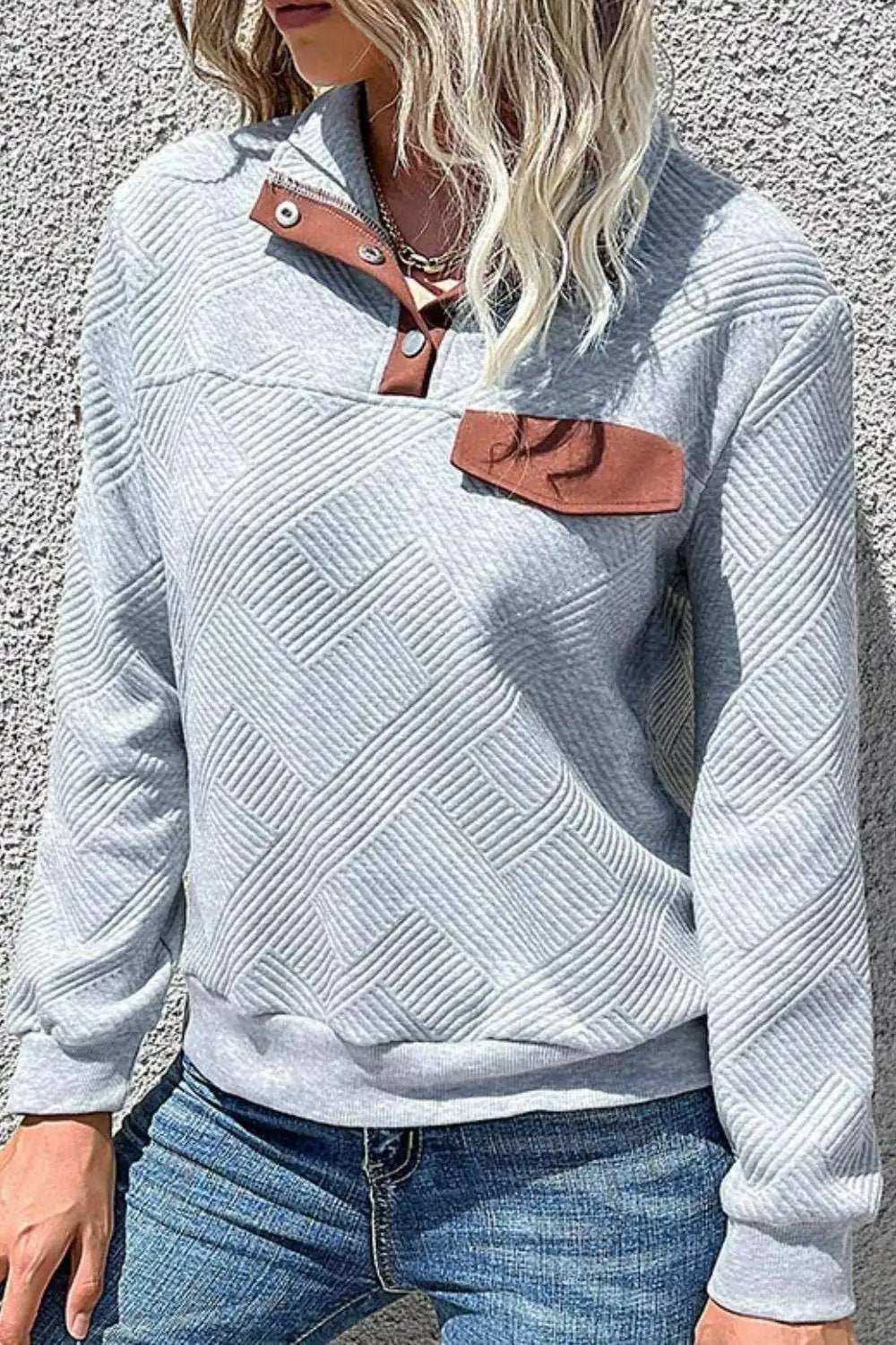 Contrast Ribbed Quarter-Snap Sweatshirt - Trendsi - Flyclothing LLC