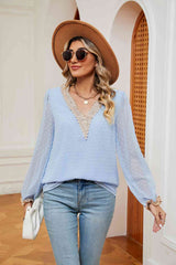 Swiss Dot Contrast V-Neck Blouse - Trendsi - Flyclothing LLC