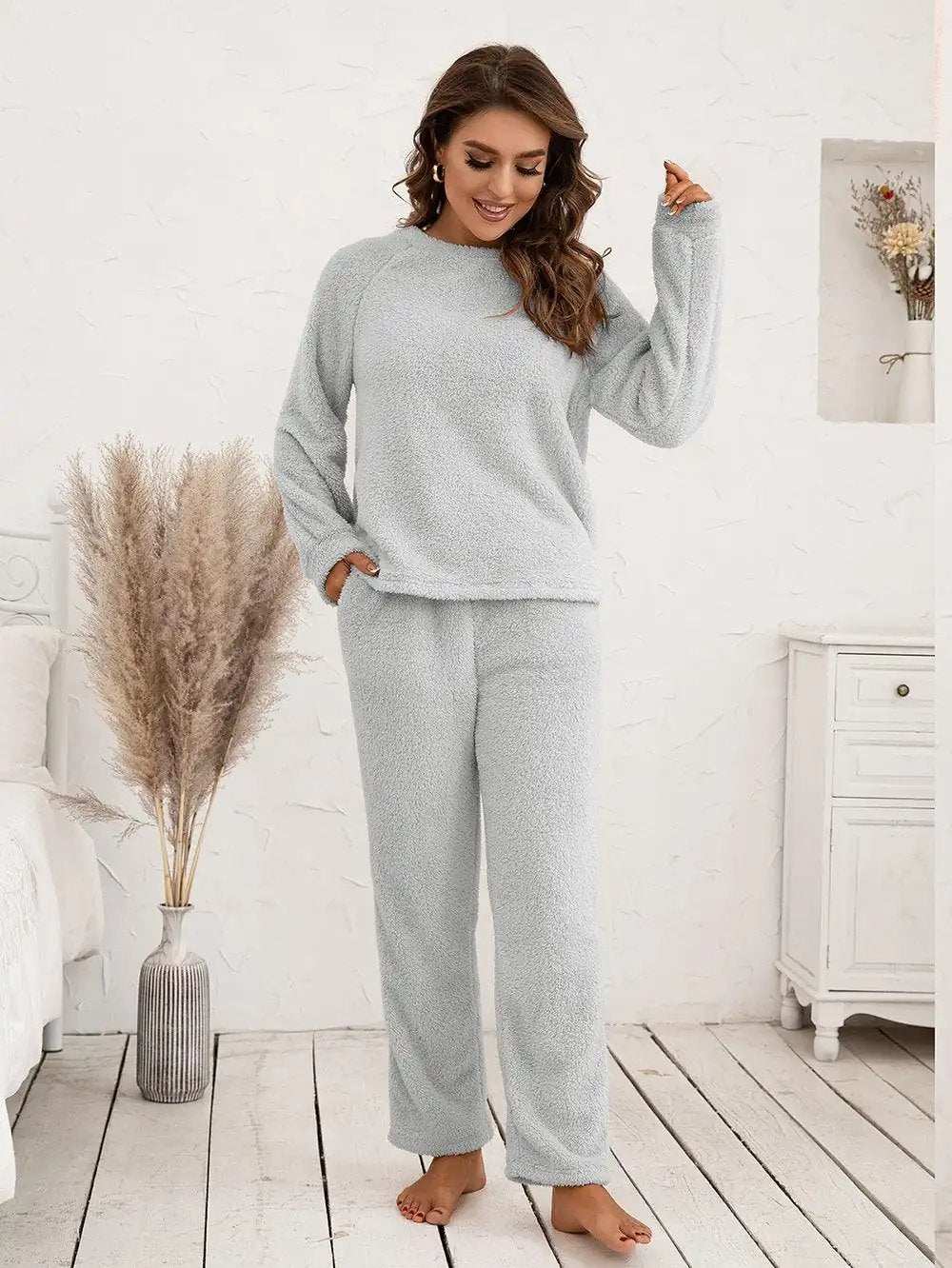 Teddy Long Sleeve Top and Pants Lounge Set - Trendsi - Flyclothing LLC