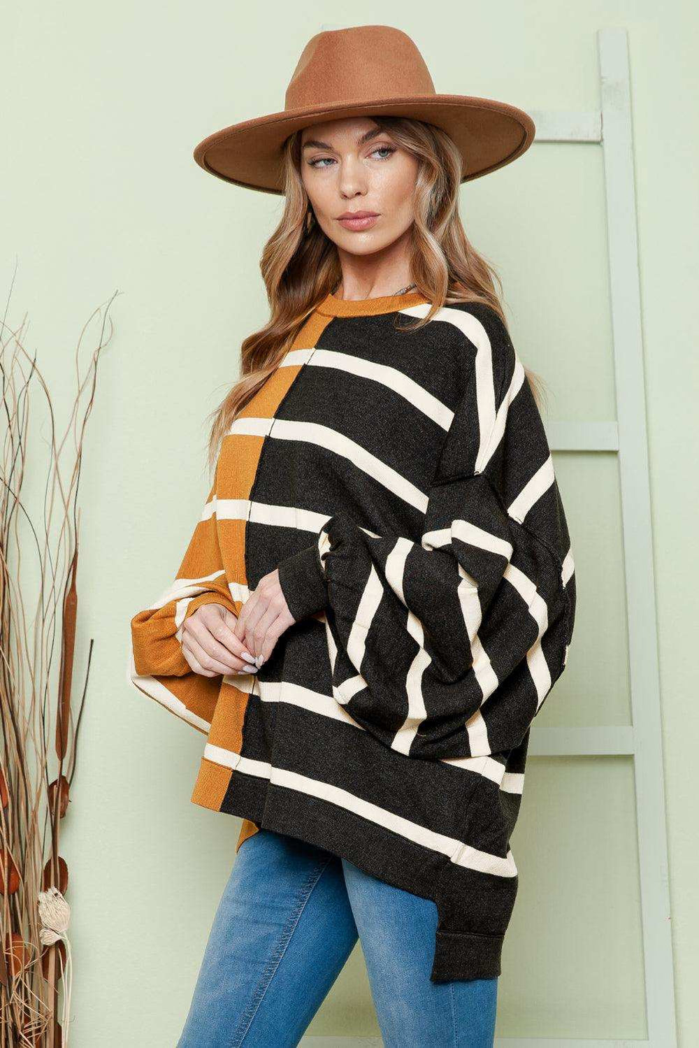 Striped Dropped Shoulder Round Neck Blouse - Trendsi - Flyclothing LLC
