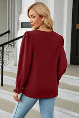 Round Neck Smocked Flounce Sleeve Blouse - Trendsi
