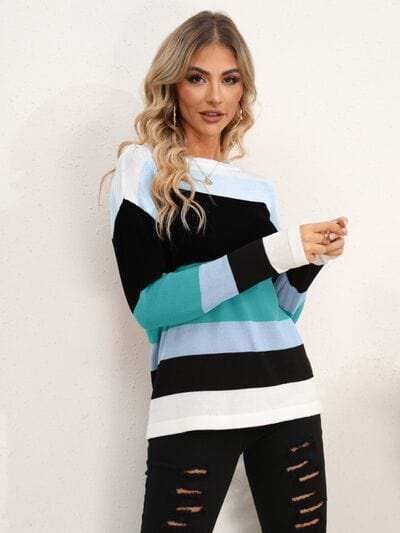 Striped Round Neck Dropped Shoulder Sweater - Trendsi - Flyclothing LLC