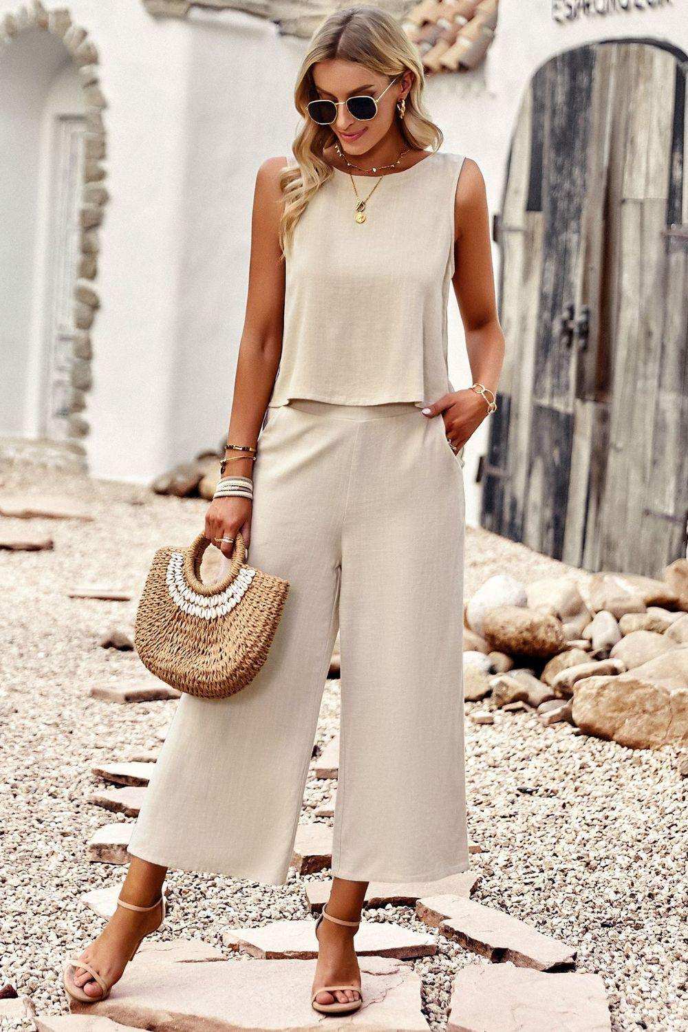 Buttoned Round Neck Tank and Wide Leg Pants Set - Trendsi - Flyclothing LLC