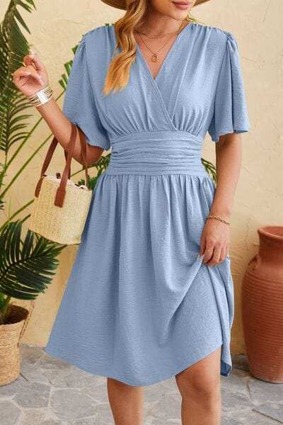 Ruched Surplice Short Sleeve Dress - Trendsi - Flyclothing LLC